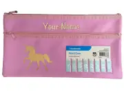 BNWT Personalised Studymate Pink Gold Unicorn Zip Medium Pencil Case 17 x 32cm