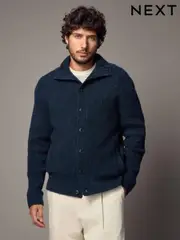 Navy Blue Relaxed Fit Soft Touch Button Through Jumper with Wool (B23388) | $43