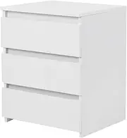 3-Drawer White Modern Bedside Table Cabinet Nightstand, MDF Material, Strong and, Bedroom Furniture with Storage