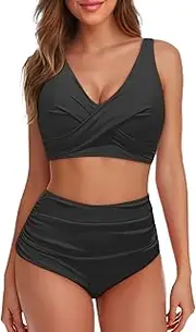 [Generic] High Waisted Two Piece Swimsuit-Womens Bikini Set Tummy Control Bathing Suit Modest Full Coverage Bikini 2025