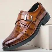 Men's Brown Faux Leather Monk Strap Dress Shoes with Crocodile Pattern – Elegant Formal Footwear for Office Business Events