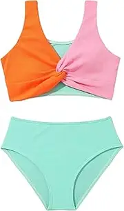 [J·E Sterguard] Girls Two Piece Swimsuits Teen Bikini Color Block Girls' Swimwear Ribbed Girls Swimsuits Size 8-14