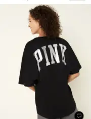 NEW Victoria's Secret PINK Varsity Tee Shirt VS OVERSIZED Pure Black Shine XS