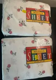 Vintage Muslin Flat And Fitted Sheet. White With Roses NewIn Package Made In USA