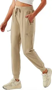 [URBEST] Women's Cargo Joggers Lightweight Quick Dry Hiking Pants for Women Outdoor Casual Athletic Workout Lounge with Zipper Pockets, Khaki, Small