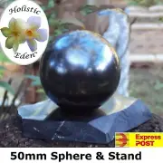 50mm Shungite Sphere + Stand, EMF Protection, Air Purifier Crystal Health Stone