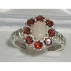 Solid 9k White Gold Natural Opal & Garnet Womens Cluster Ring - Sizes 4 to 12