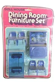 Vintage 1982 ARCO Doll Furniture Set Blue Plastic Table 4 Chairs & Cabinet NOS