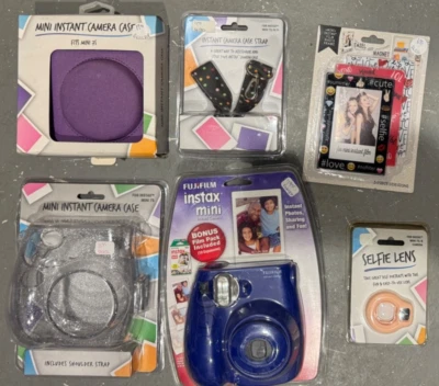 Fuji Instax Mini 7 plus Camera Blue w/case, rain case, selfie lens, strap, +