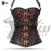 Red & Brown Brocade Leather Steampunk Overbust Corset Body Shaper Design