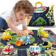 JUKUDAHU Press and Go Baby Car Toy for Tollders Age 1 2 3 4 - Infant Play with 6 Vehicles and Trucks Set, Helicopter Toyset, Playing-Map Storage, Friction Powered Toy Figure Cars for 6 9 12 18 Months