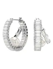 [Swarovski] Crystal Pearl Baguette Cut Rhodium Plated Hoop Earrings in White