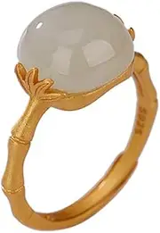 [Lllunimon] Natural Hetian Jade Ring for Women, Dainty Lucky Jade Rings Open Adjustable Bamboo Leaf Rings Handmade Rings for Mom Wife Girls