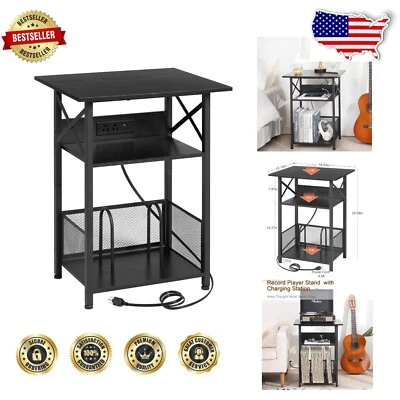 Stylish 3-Tier Record Player Stand with Charging Station - Holds 100 Albums