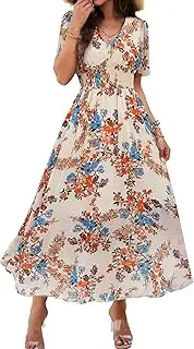 [Galocmo] Women Floral Maxi Dress, V-Neck Short Sleeve Empire Waist Summer Dress, Boho Flowy Smocked Long Dress