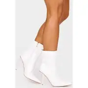 White Pu Point Toe Mid Heeled Ankle Boots, White