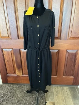 St. John Spa Black Jersey Button Roll Tab Sleeve Blouson Dress NWT $595