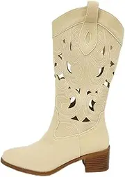 [Hykytyhk] Women's Cowboy Boots Mid Calf Chunky Heel Embroidered Western Pointed Toe Slip-On Cowgirl Boots