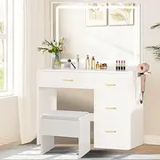 Vanity Desk with Large LED Mirror & Charging Ports, 4 Drawers, Makeup Vanity Desk with Lights Vanity Table and Chair Set Desk Vanity Combo Girls Vanity Set White Makeup Table Set with Cushioned Stool