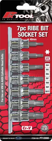 PKTool PT12000 - Ribe Bit Socket Set - 3/8" Drive 48mm - 7 Piece
