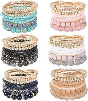 [WAINIS] 6 Sets Bohemian Stackable Bead Bracelets for Women Multicolor Stretch Beaded Bracelets Layered Bead Adjustable Bracelet Pink Black Turquoise Stretch Bracelets