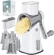 Ourokhome Rotary Cheese Grater Shredder, Multifunction 5 in 1 Kitchen Manual Speed Round Mandolin Food Slicer Vegetable Shooter Potato Hashbrown Grinder for Nut, Carrot, Radish, Cucumber, White…