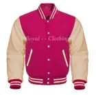 Baseball Varsity Letterman Bomber Hot Pink Wool & Genuine Cream Leather Sleeves