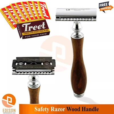 Professional Wood Handle Safety Razor Double Edge Wet Shaving Razor + Free Blade