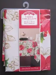 Holiday Time Christmas Poinsettia fabric tablecloth 52x70 rectangle NIP FreeShip