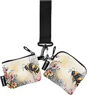 [XYMZR] Mini Zip Around Wristlet keychain Wallet Bee Flower Watercolor for Women Personalized Pattern Detachable Dual Pouch Wristlet Portable Wallet Phone Coin Purse, Multi-colored, One Size