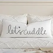 Sunkifover Let's Cuddle Lumbar Pillow Cover - 14x36 Inch Cotton Embroidery Decorative Pillowcase for Bed, Bedroom, Living Room - White and Grey Rectangular Quote Design