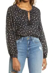 NEW Billabong Black Sun Fire Floral Boho Peasant Top Size L D344