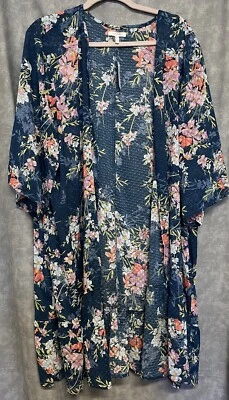 NEW size 2X Maurices kimono open front blue floral semi-sheer topper