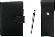 Eco B7 Cowhide Leather Mini Notebook and Round Button Pen Case Black Smartphone Touch Short Metal Rotating Ballpoint Pen Set LS002B-BRSB-9A094A