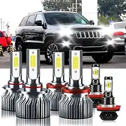 TXBILMOO Compatible For Jeep Grand Cherokee 2014-2017 9005 H11 High/Low Beam H11 Fog Light Bulbs, 32000LM 300% Brightness 6500K White with Cooling Fan, Plug and Play, IP68 Pack of 6