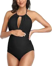 [Generic] Maternity Swimsuits Women's Halter Neck One-Piece Swimsuit Soft Stretch Pregnancy Swimsuit Plain Bikini Swimwear