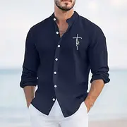 Men's Shirt Linen Shirt Summer Shirt Beach Wear Plain Vacation Casual Black Navy Blue Blue Khaki Long Sleeve Stand Collar Summer Spring Clothing Apparel