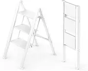 [WOA WOA] 3 Step Ladder, Folding Stepladder with Anti-Slip Pedal, Lightweight Portable Ladders, Aluminum Step Stool for Home, Kitchen, Office 300lbs - White