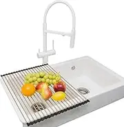 Roll-Up Dish Drying Rack 20"(L) x 16"(W) (50 x 40cm) - Foldable Multipurpose Heat Resistant Large Stainless Steel Kitchen Rollup Dish Drainer Over Sink Mat - Silicone Coated Rims