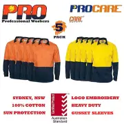 5 pack Hi Vis Work Shirt close front no tape long sleeve cotton drill PRO