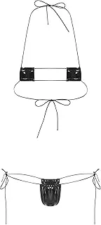 [Rswnyirn] Womens Patent Leather Wetlook 2pcs Halter Neck Bra Tops Thong Micro Bikini Set Swimwear