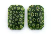 TWO 26MM x 17.5MM EMERALD GREEN WHITE FLOWER MILLEFIORI GLASS CABOCHON MC2