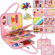 Busy Board for Kids, Montessori Toys for 3+ Year Old, Travel Toys Gifts for Girls, Sensory Board, Educational Learning Activities Fine Motor Skills Toys for Airplane Car (Pink)