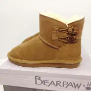 BEARPAW Samara Hickory Suede Boots Womens Size 8 Slip On 2882W NeverWet Faux Fur