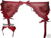 Red Lace Garter Belt Pointy Suspender Floral Embroidery Ribbons Sheer Size 6-8