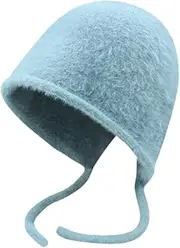 [Pocadri] Women's Knitted Plush Beanie Hat Cute Winter Warm Bucket Hat Soft Stretchy Solid Skull Cap Ear Protector, Blue