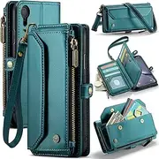 ELEPIK for iPhone XR Case, Adjustable Crossbody Wallet Case with Card Holder, Kickstand, [RFID Blocking] [Crossbody & Wrist Strap] Durable PU Leather Magnetic Phone Case, Green