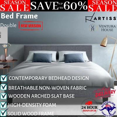 Artiss Bed Frame Double Mattress Wooden Fabric Platform Base With Headboard Grey
