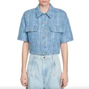 Sandro Ornelle Button Up Shirt 38 / 6, Blue Tweed Short Sleeve Button Career NWT