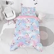 INTOMENG Unicorn Bed Linen 135 x 200 cm Children Teenagers Girls Teenagers Bring 1 Pillowcase 80 x 80 cm Pink Microfibre Bed Linen 3D Unicorn Cloud Crown Pattern Pink Back